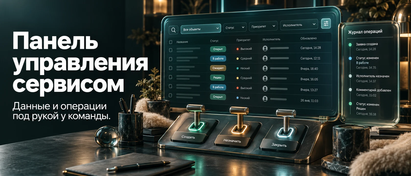 Иллюстрация услуги «Панель управления сервисом». Данные и операции под рукой у команды.