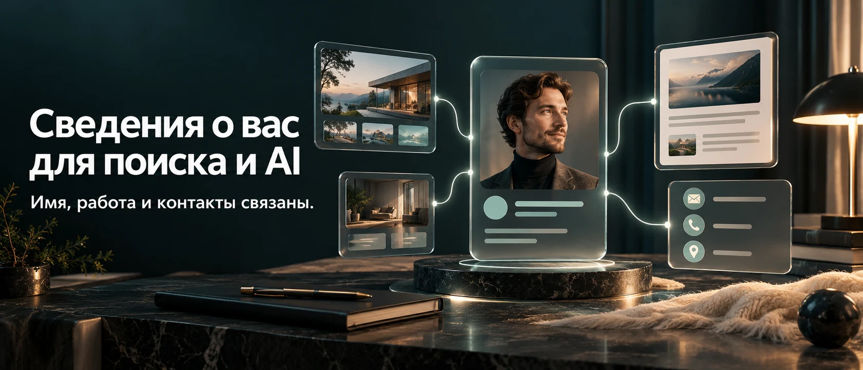 Иллюстрация услуги «Сведения о вас для поиска и AI». Имя, работа и контакты связаны.