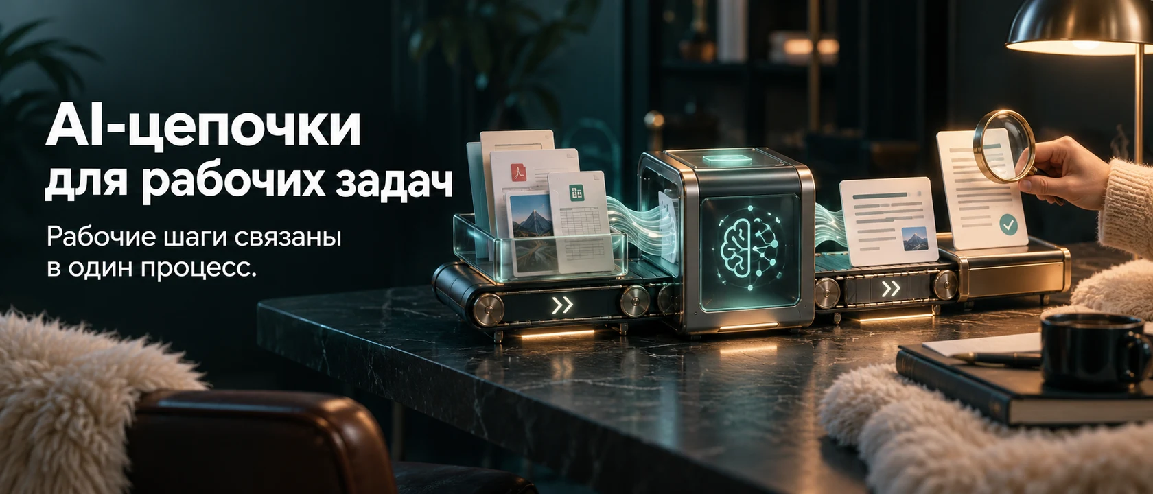 Иллюстрация услуги «AI-цепочки для рабочих задач». Рабочие шаги связаны в один процесс.