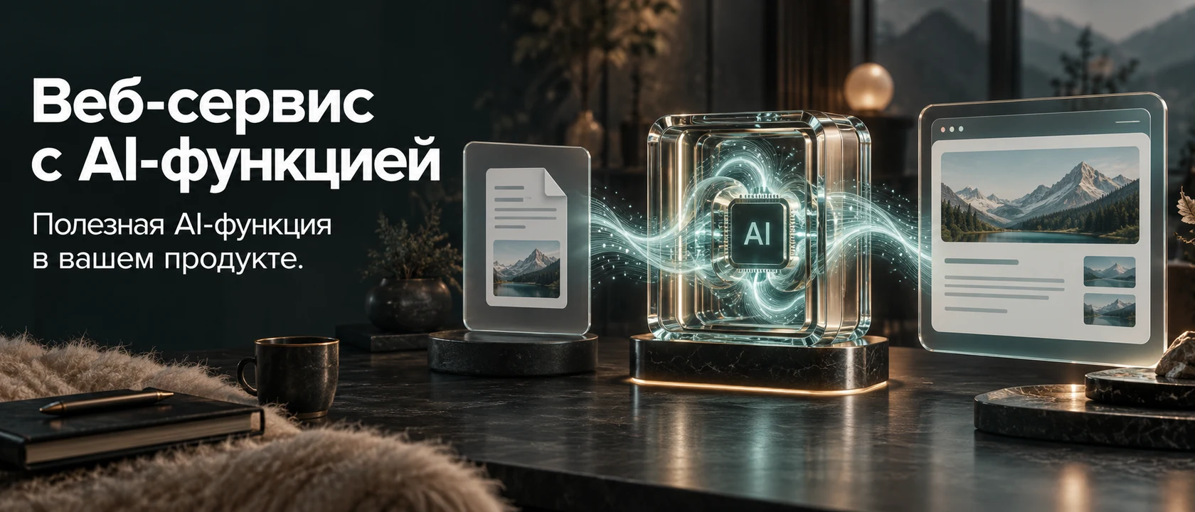 Иллюстрация услуги «Веб-сервис с AI-функцией». Полезная AI-функция в вашем продукте.