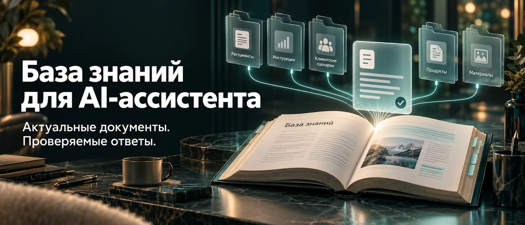 Иллюстрация услуги «База знаний для AI-ассистента». Актуальные документы. Проверяемые ответы.