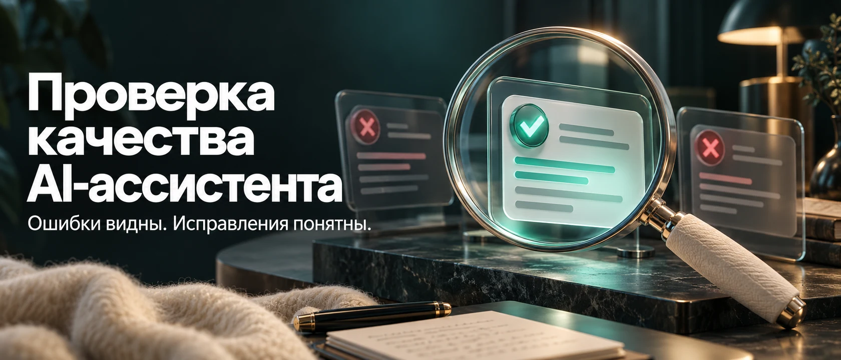 Иллюстрация услуги «Проверка качества AI-ассистента». Ошибки видны. Исправления понятны.