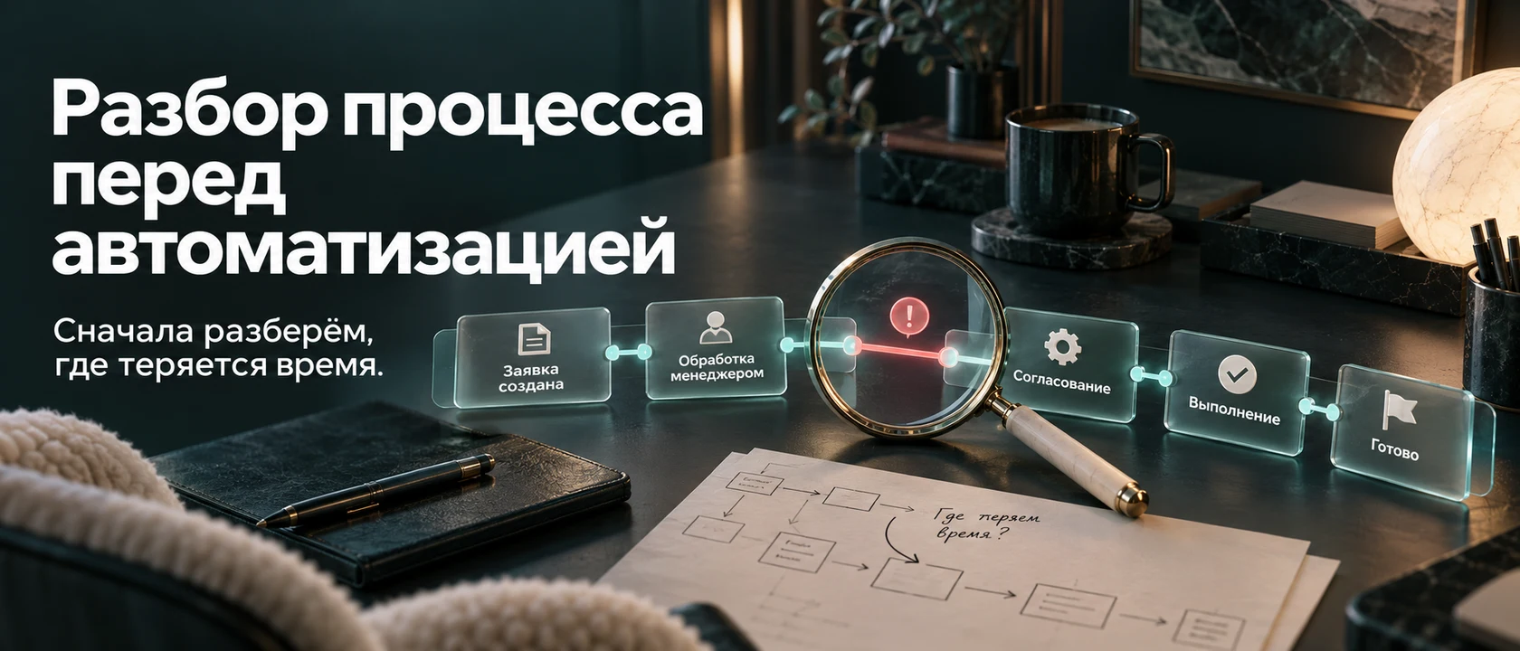 Иллюстрация услуги «Разбор процесса перед автоматизацией». Сначала разберём, где теряется время.