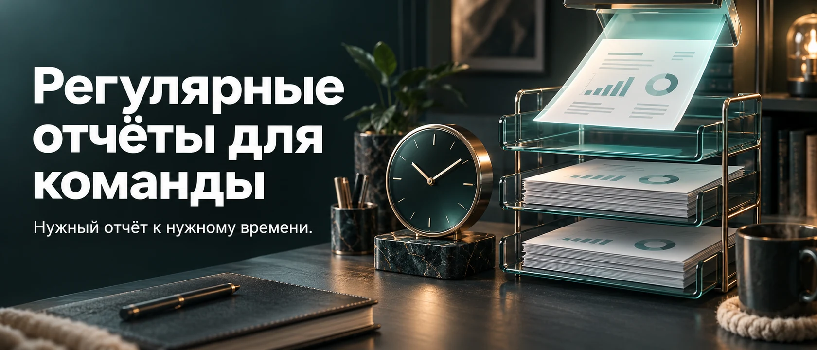 Иллюстрация услуги «Регулярные отчёты для команды». Нужный отчёт к нужному времени.