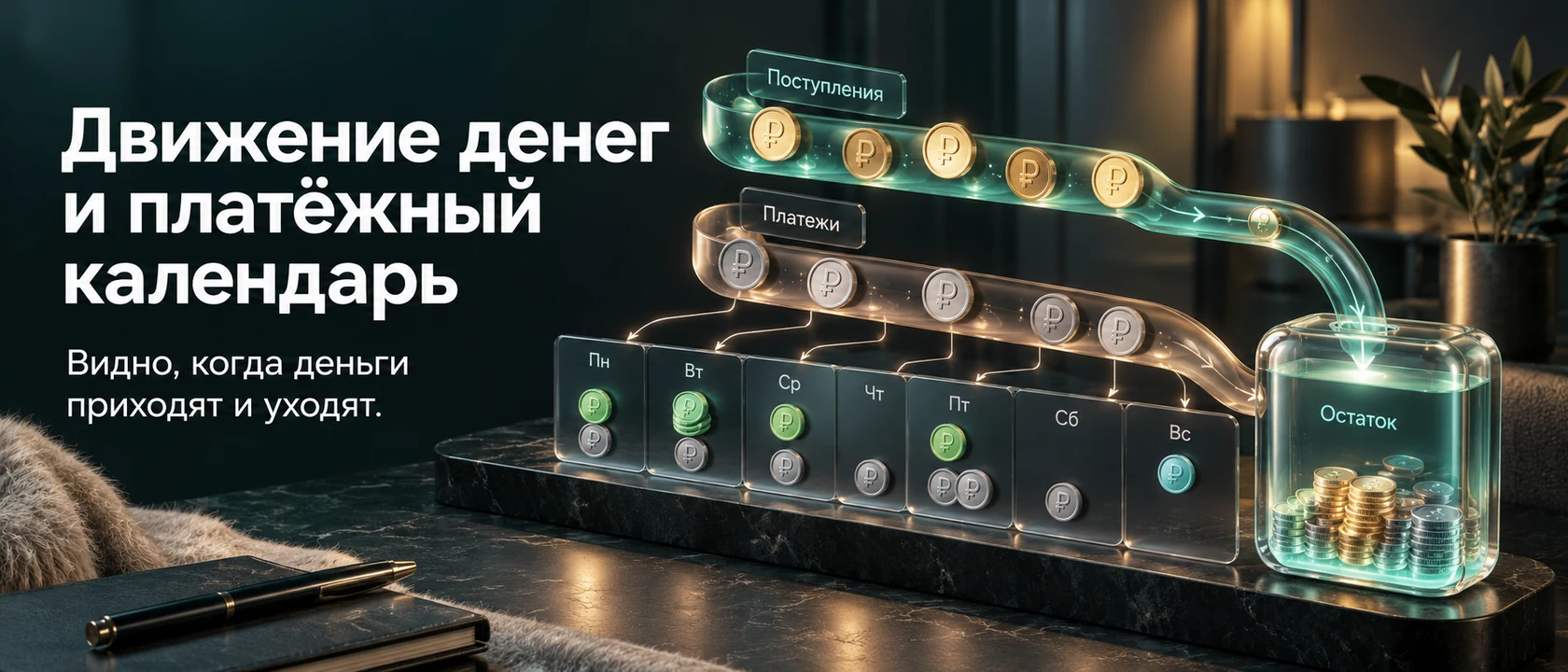 Иллюстрация услуги «Движение денег и платёжный календарь». Видно, когда деньги приходят и уходят.