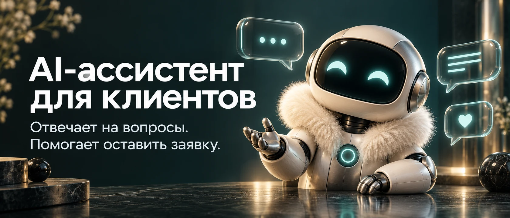 Иллюстрация услуги «AI-ассистент для клиентов». Отвечает на вопросы. Помогает оставить заявку.