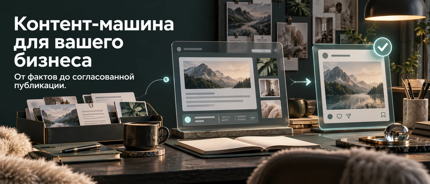 Иллюстрация услуги «Контент-машина для вашего бизнеса». От фактов до согласованной публикации.