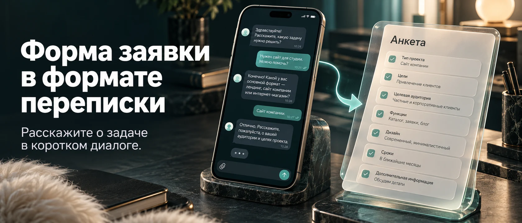 Иллюстрация услуги «Форма заявки в формате переписки». Расскажите о задаче в коротком диалоге.