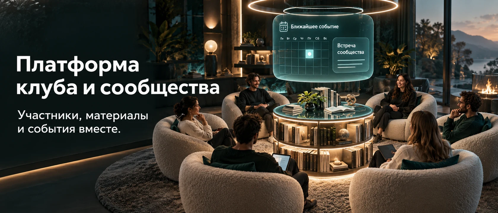 Иллюстрация услуги «Платформа клуба и сообщества». Участники, материалы и события вместе.