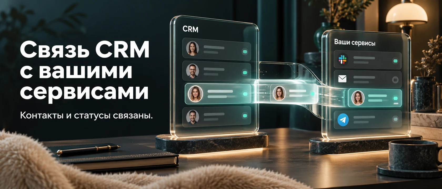 Иллюстрация услуги «Связь CRM с вашими сервисами». Контакты и статусы связаны.