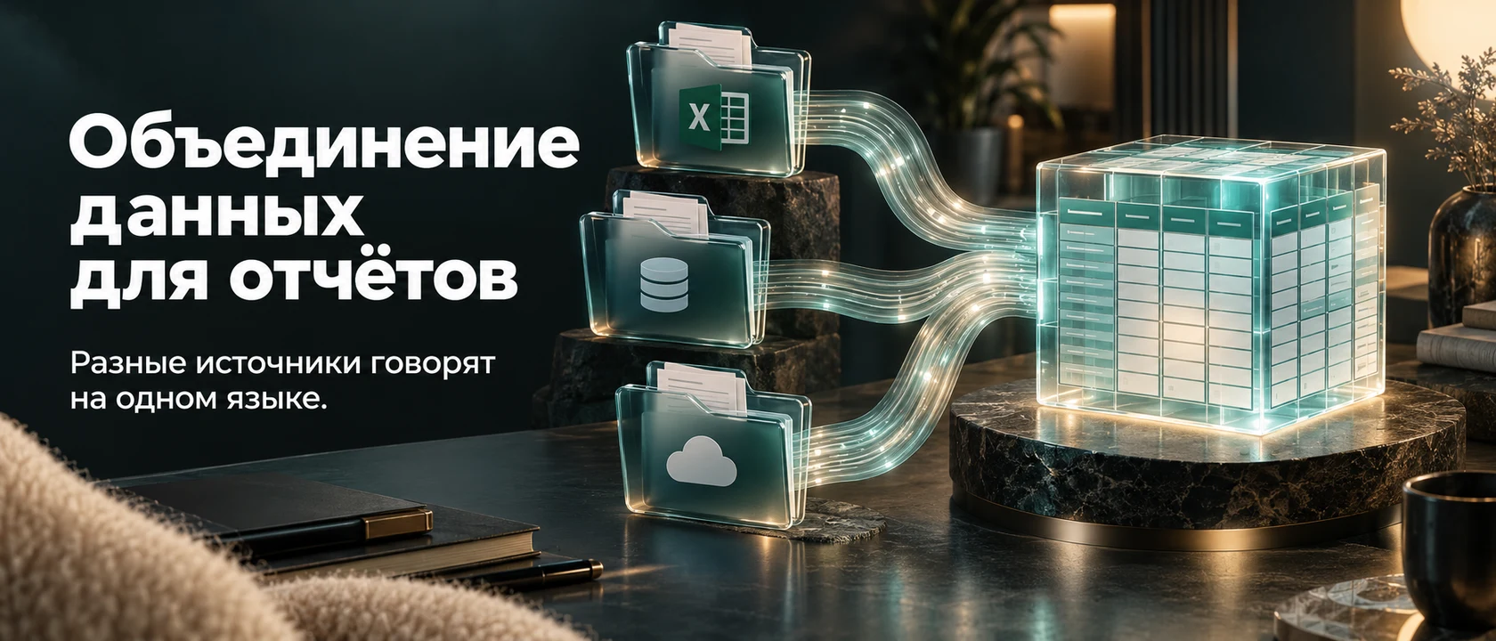 Иллюстрация услуги «Объединение данных для отчётов». Разные источники говорят на одном языке.