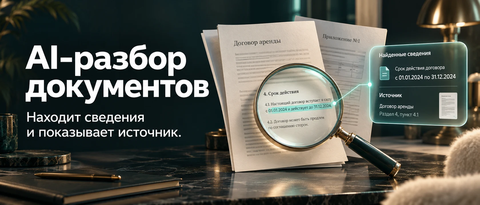 Иллюстрация услуги «AI-разбор документов». Находит сведения и показывает источник.