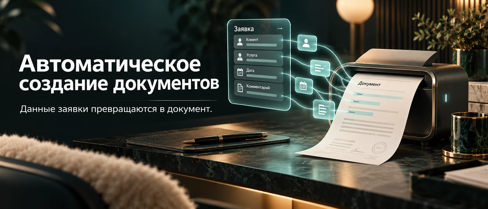 Иллюстрация услуги «Автоматическое создание документов». Данные заявки превращаются в документ.