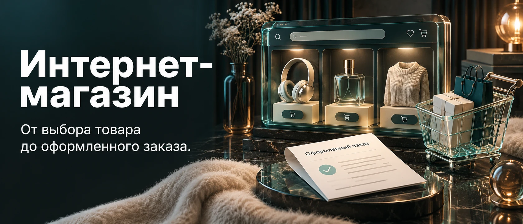 Иллюстрация услуги «Интернет-магазин». От выбора товара до оформленного заказа.