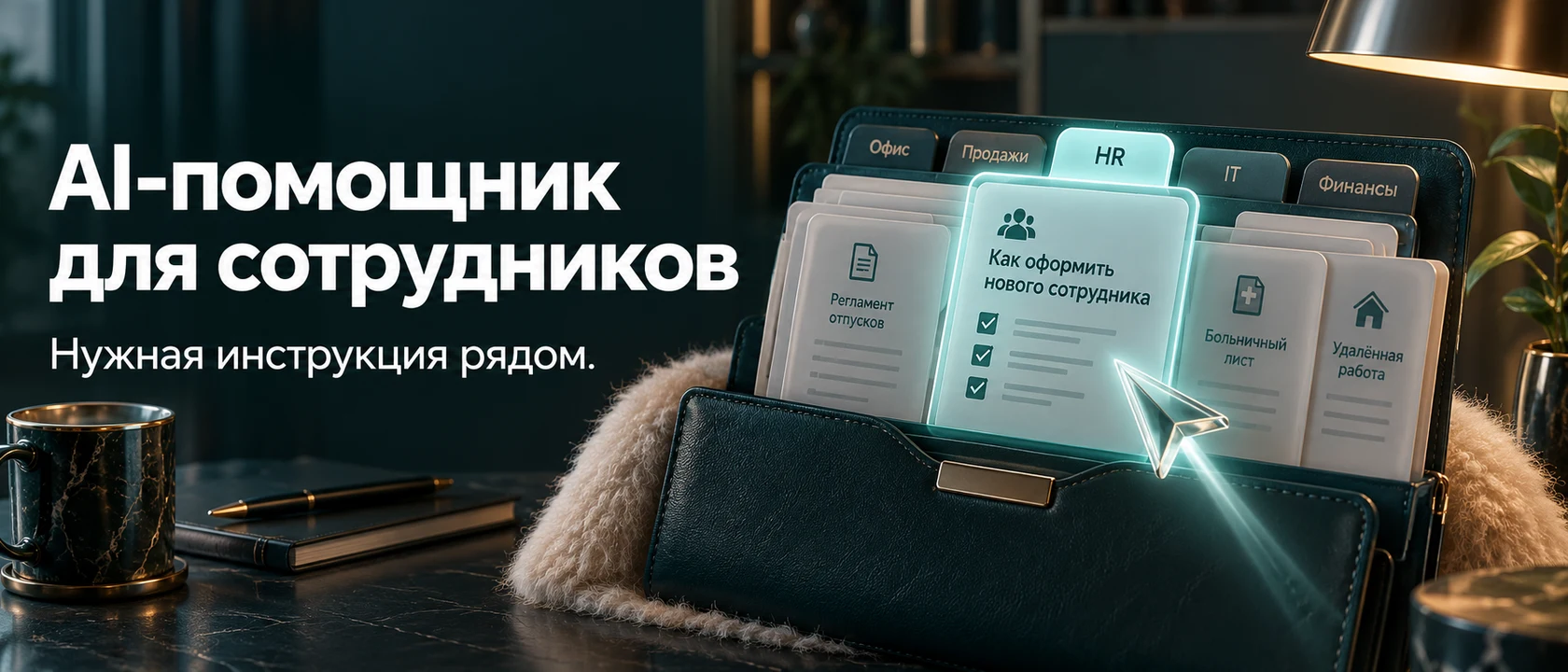 Иллюстрация услуги «AI-помощник для сотрудников». Нужная инструкция рядом.