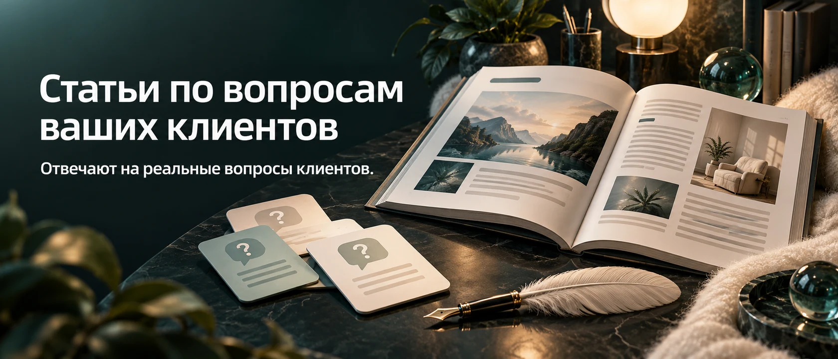 Иллюстрация услуги «Статьи по вопросам ваших клиентов». Отвечают на реальные вопросы клиентов.