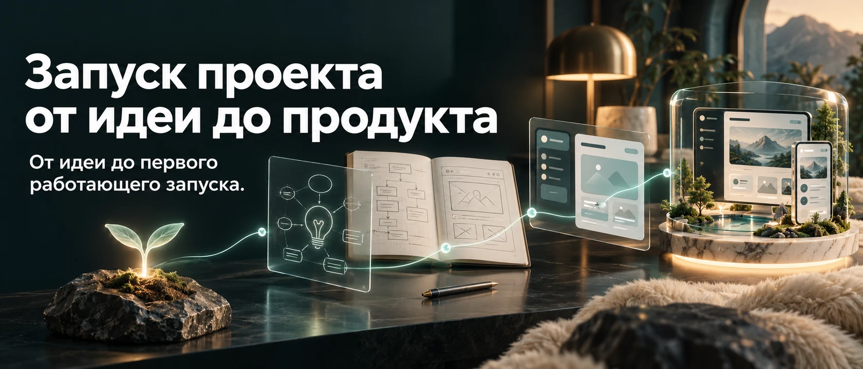 Иллюстрация услуги «Запуск проекта от идеи до продукта». От идеи до первого работающего запуска.