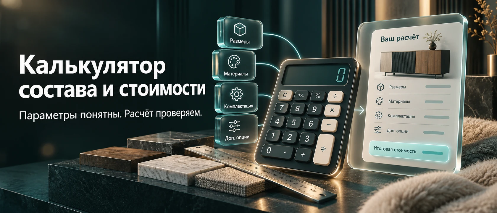 Иллюстрация услуги «Калькулятор состава и стоимости». Параметры понятны. Расчёт проверяем.