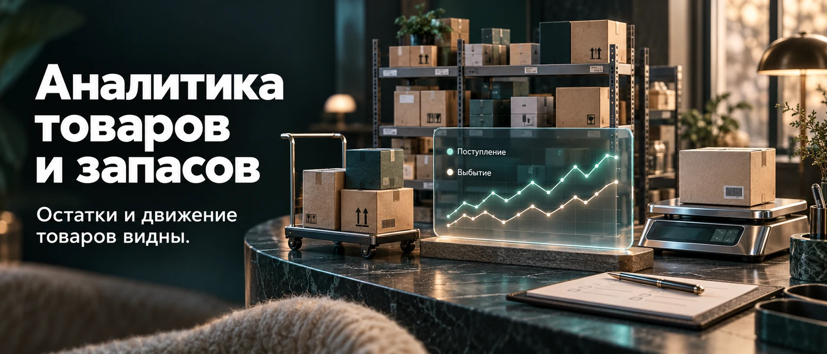 Иллюстрация услуги «Аналитика товаров и запасов». Остатки и движение товаров видны.