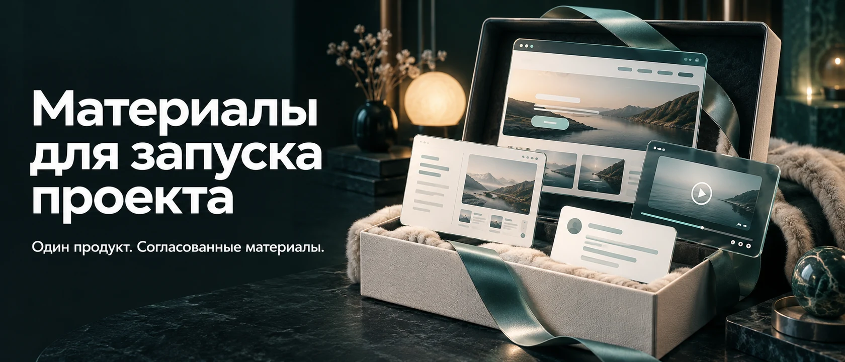 Иллюстрация услуги «Материалы для запуска проекта». Один продукт. Согласованные материалы.