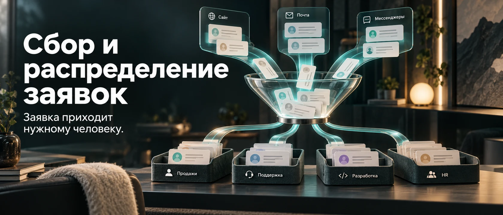 Иллюстрация услуги «Сбор и распределение заявок». Заявка приходит нужному человеку.