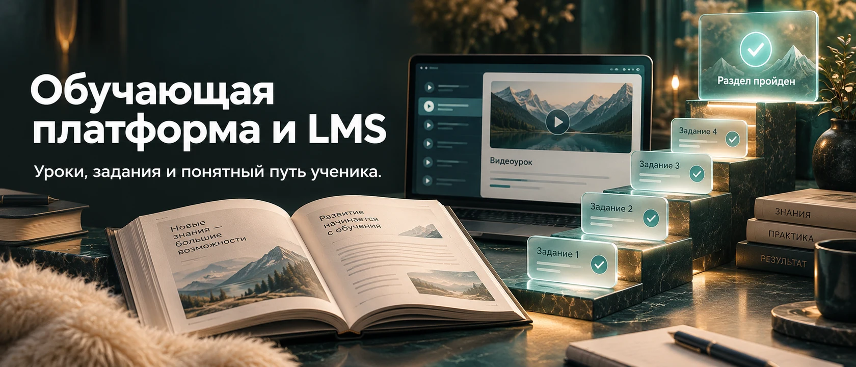 Иллюстрация услуги «Обучающая платформа и LMS». Уроки, задания и понятный путь ученика.
