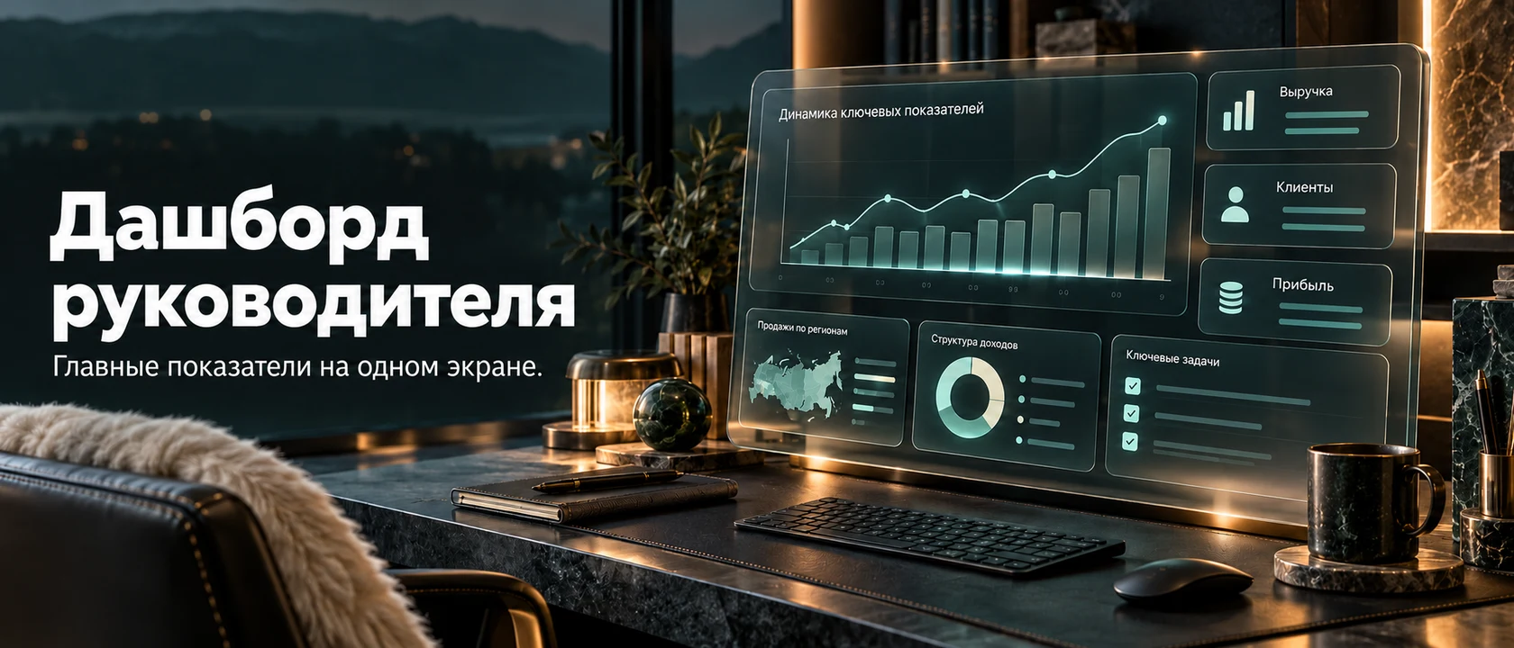 Иллюстрация услуги «Дашборд руководителя». Главные показатели на одном экране.