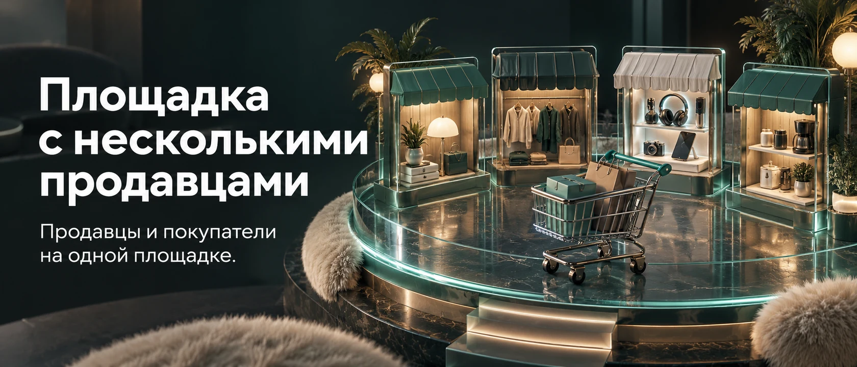 Иллюстрация услуги «Площадка с несколькими продавцами». Продавцы и покупатели на одной площадке.