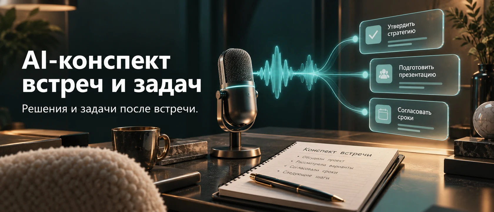 Иллюстрация услуги «AI-конспект встреч и задач». Решения и задачи после встречи.