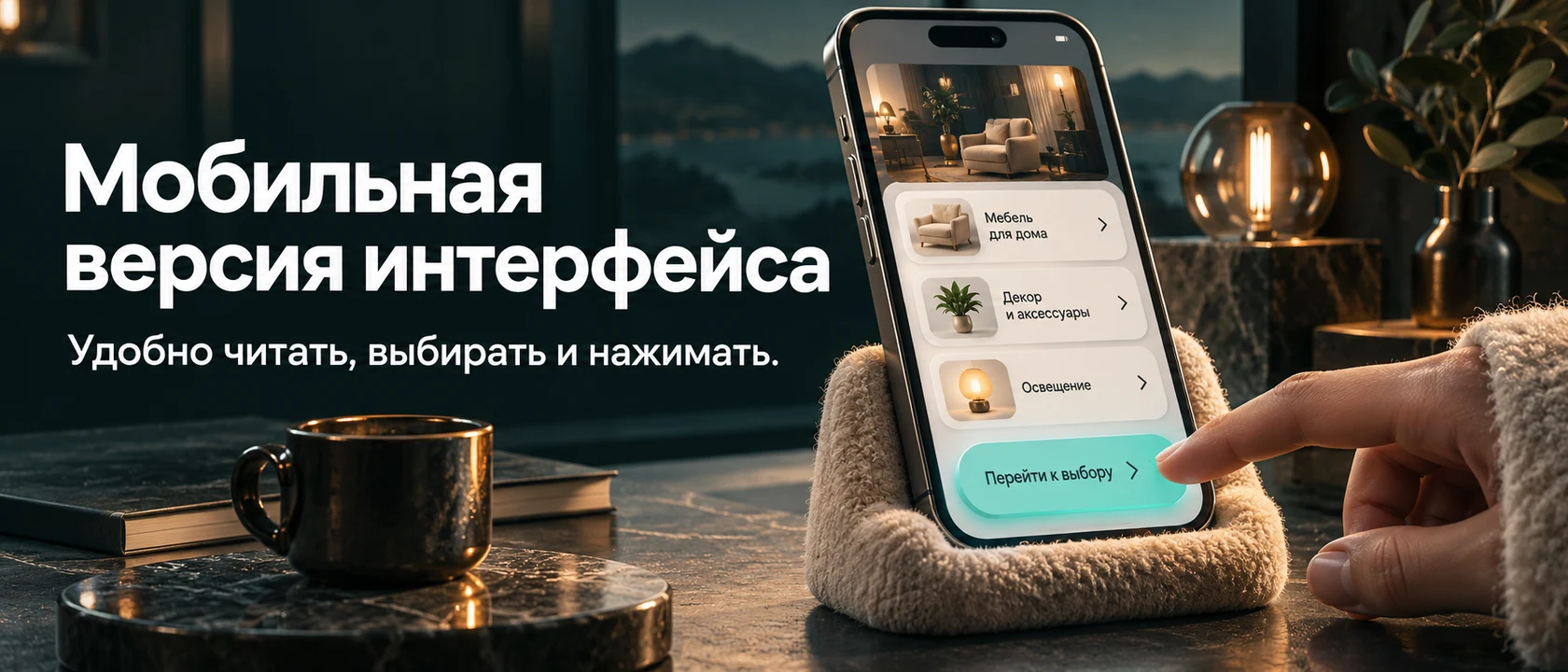 Иллюстрация услуги «Мобильная версия интерфейса». Удобно читать, выбирать и нажимать.