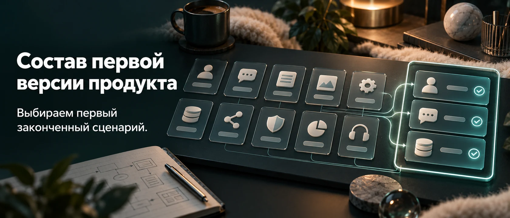Иллюстрация услуги «Состав первой версии продукта». Выбираем первый законченный сценарий.
