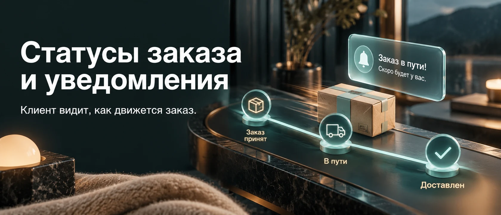 Иллюстрация услуги «Статусы заказа и уведомления». Клиент видит, как движется заказ.