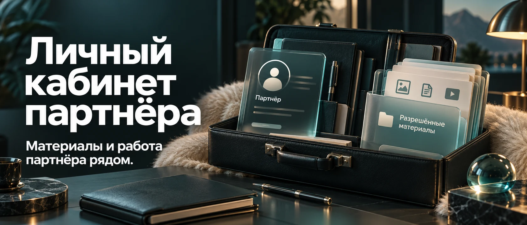 Иллюстрация услуги «Личный кабинет партнёра». Материалы и работа партнёра рядом.