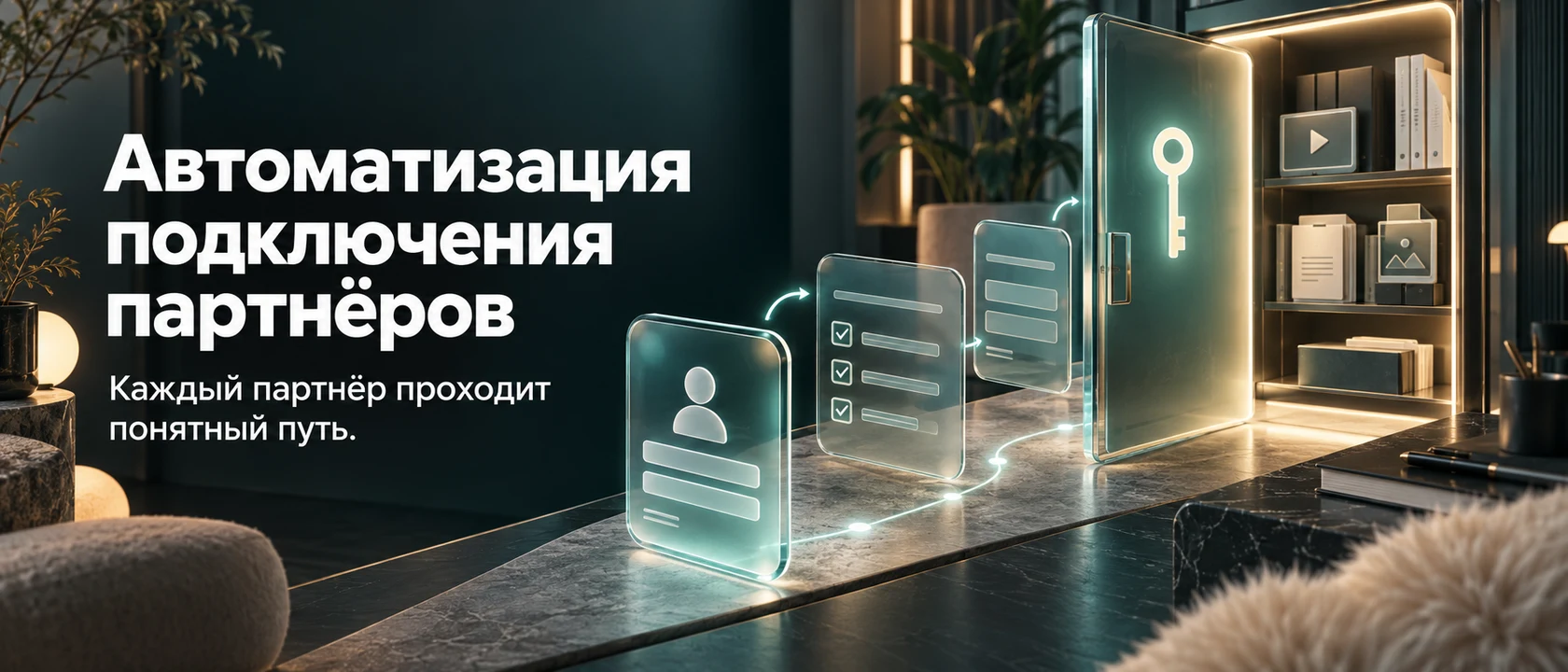 Иллюстрация услуги «Автоматизация подключения партнёров». Каждый партнёр проходит понятный путь.
