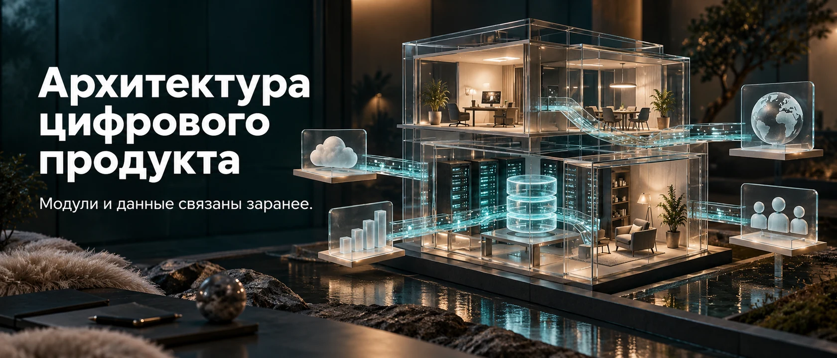 Иллюстрация услуги «Архитектура цифрового продукта». Модули и данные связаны заранее.