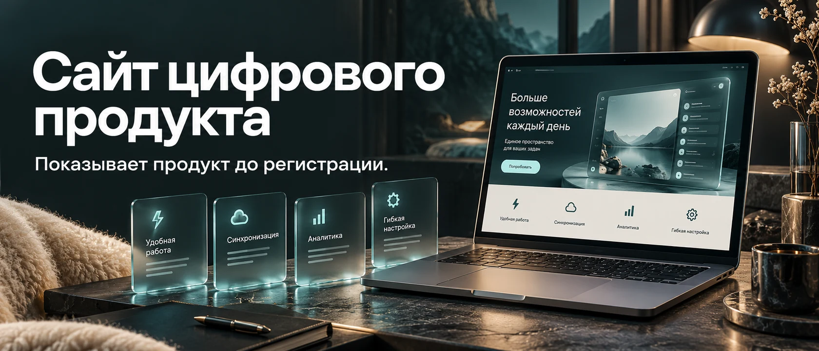 Иллюстрация услуги «Сайт цифрового продукта». Показывает продукт до регистрации.