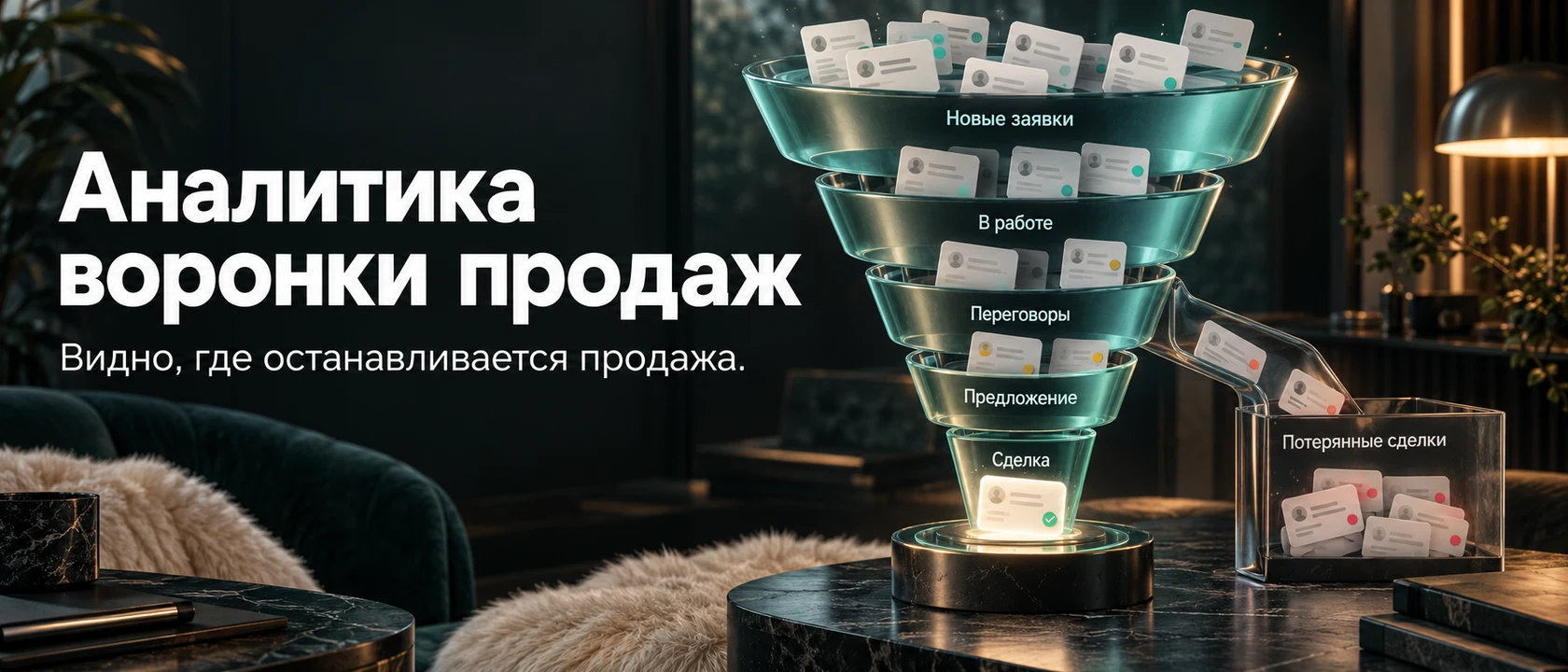 Иллюстрация услуги «Аналитика воронки продаж». Видно, где останавливается продажа.