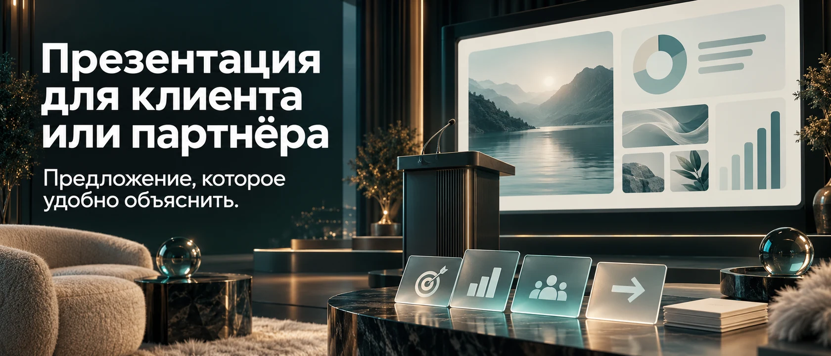 Иллюстрация услуги «Презентация для клиента или партнёра». Предложение, которое удобно объяснить.