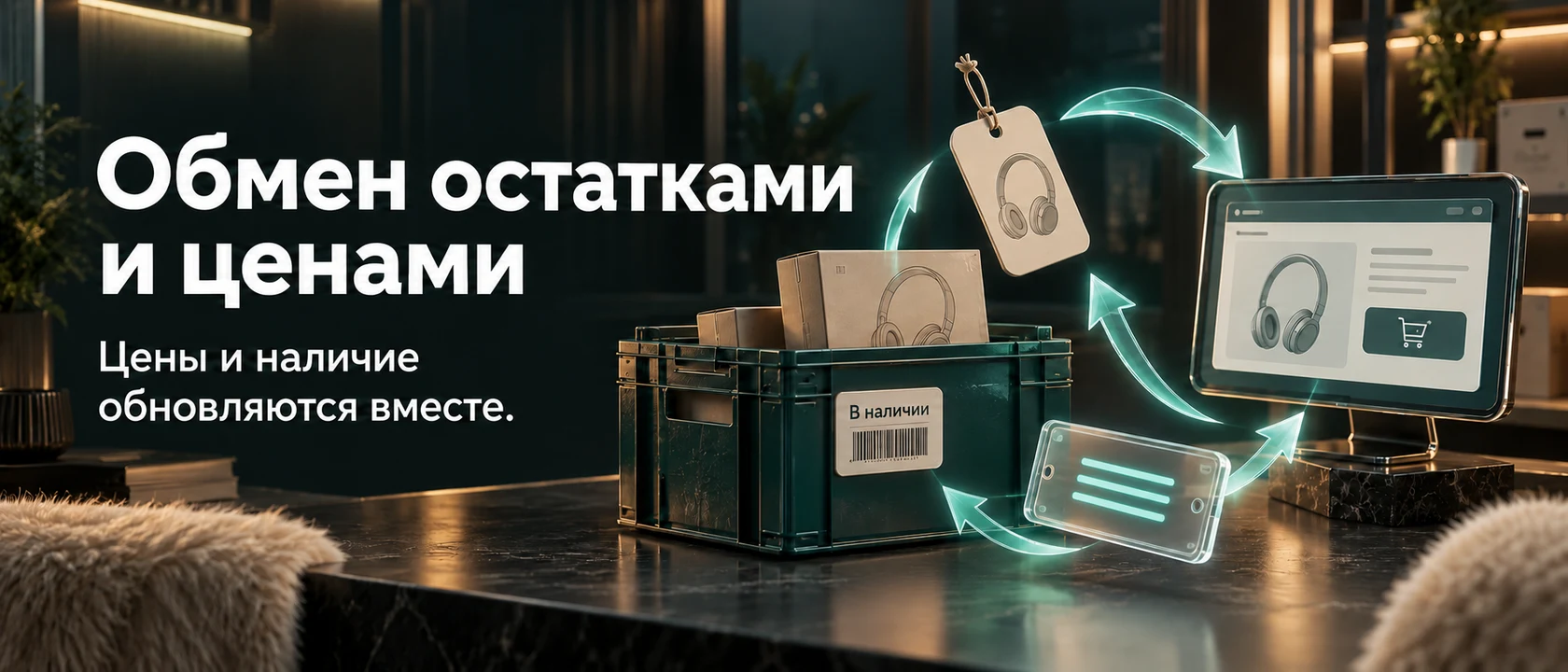 Иллюстрация услуги «Обмен остатками и ценами». Цены и наличие обновляются вместе.