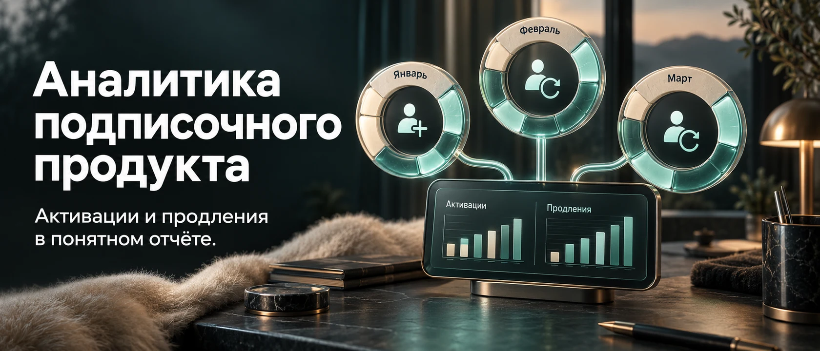 Иллюстрация услуги «Аналитика подписочного продукта». Активации и продления в понятном отчёте.