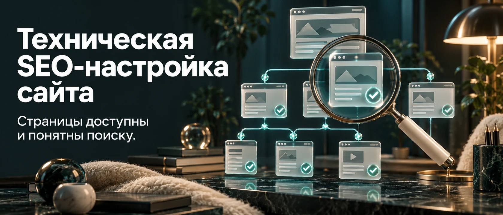 Иллюстрация услуги «Техническая SEO-настройка сайта». Страницы доступны и понятны поиску.