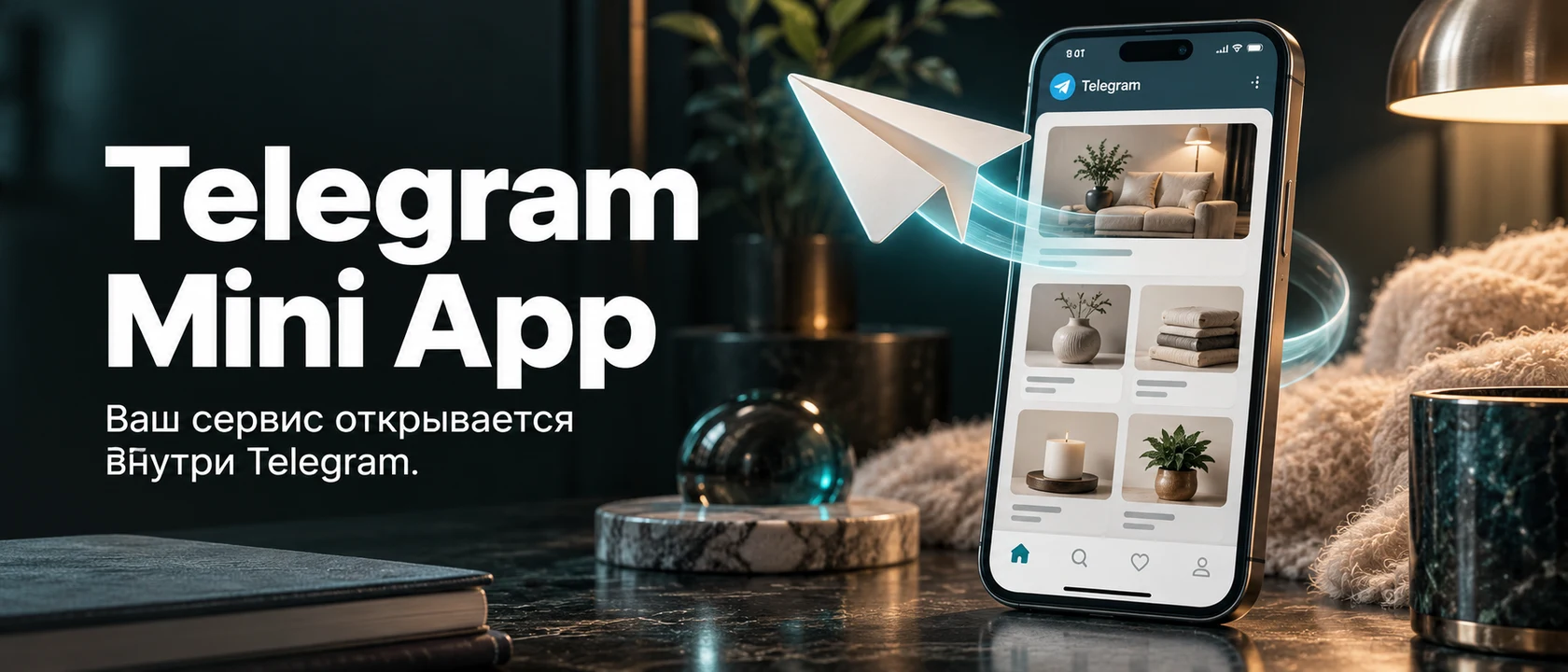 Иллюстрация услуги «Telegram Mini App». Ваш сервис открывается внутри Telegram.