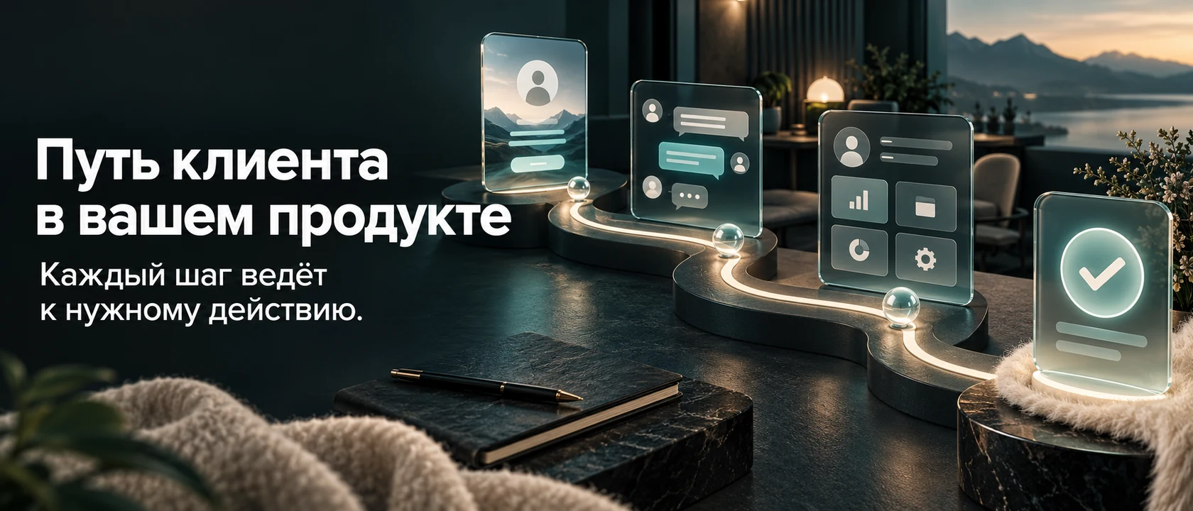 Иллюстрация услуги «Путь клиента в вашем продукте». Каждый шаг ведёт к нужному действию.