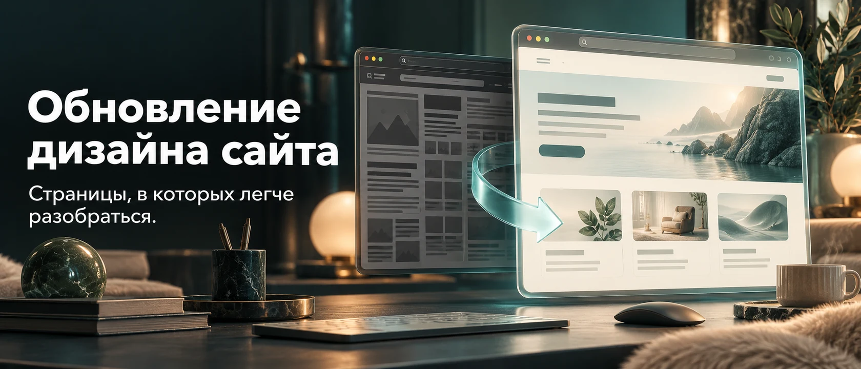 Иллюстрация услуги «Обновление дизайна сайта». Страницы, в которых легче разобраться.