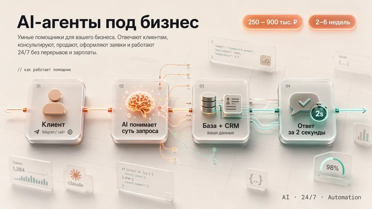 Схема работы AI-агента: Клиент → AI понимает суть запроса → База + CRM → Ответ за 2 секунды